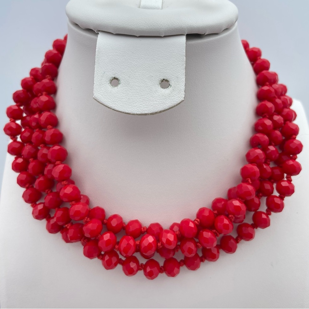 Red Faceted Glass Bead Necklace 29” Hand Knotted Boho Statement